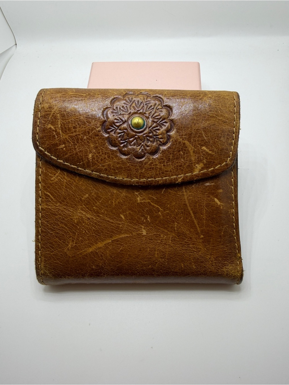 Vintage Patricia Nash Brown Leather Trifold Wallet Kiss Lock Coin Purse Floral